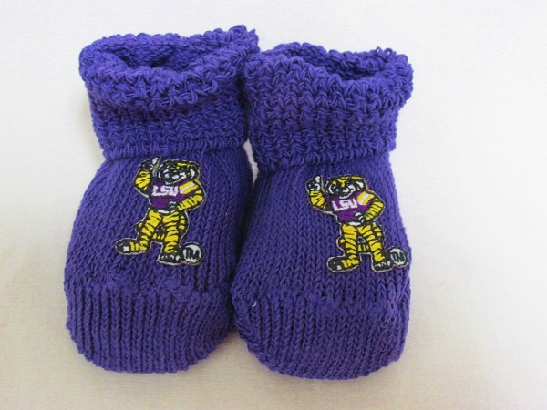 LSU Branded NCAA Baby Booties<BR>Purple w/ Mike the LSU Tiger(Click picture-FULL DETAILS)